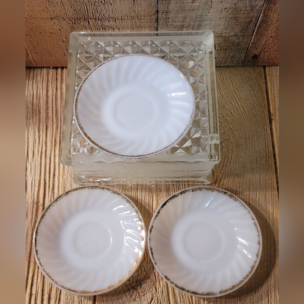 Fire King White Milk Glass rimmed in 24 ct Gold. Tea / Coffee plates. Set of 3.